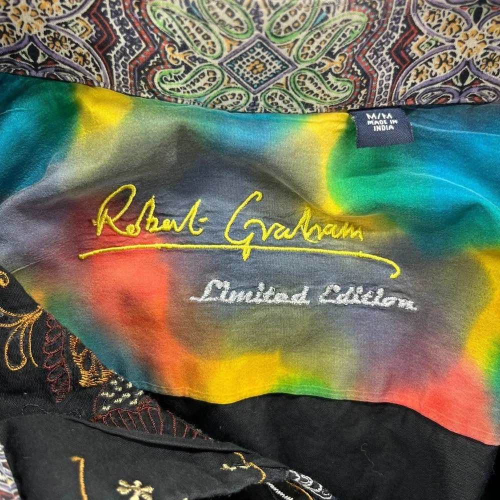Robert Graham Limited Edition Shirt Mens M Black Embroider Flip Cuff Artsy Bold